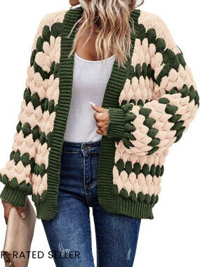 Chunky Cable Knit Cardigan Lantern Sleeve Open Front Oversized Winter Sweater